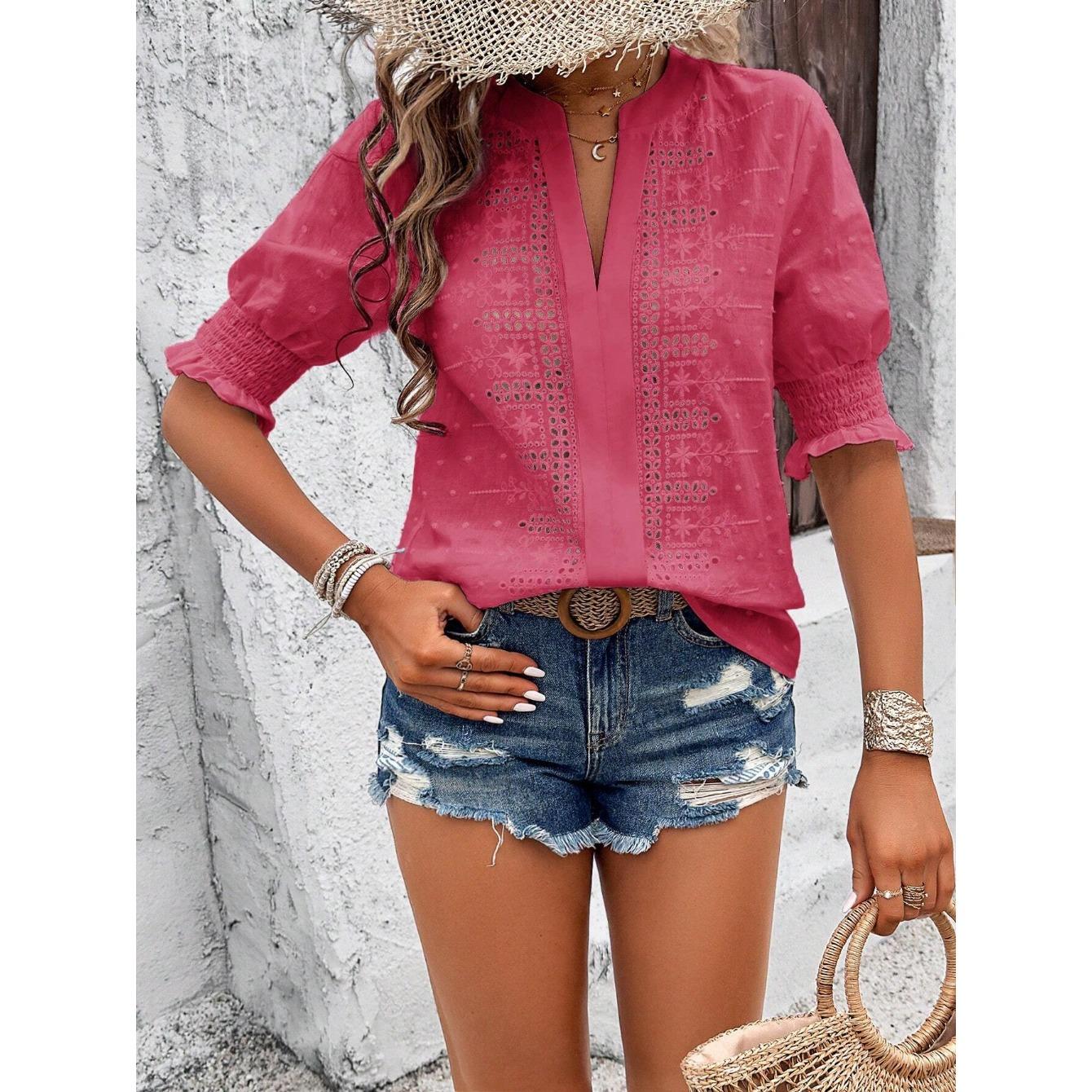 

GMXIA весна-лето V-образный вырез рукав-фонарик полые рукава Hairball кружевная футболка Топ для женщин XL розы красного