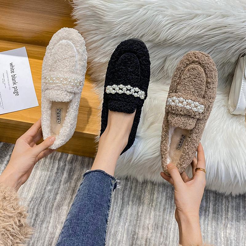 Fashion Luxury Winter crystal flower cotton shoes women shearling loafers sneakers warm plush moccasins fur flats woman plus size 42/43