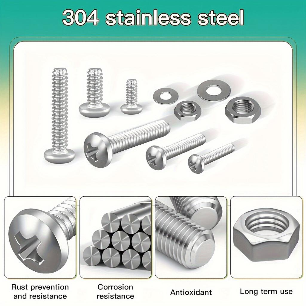 710pcs Stainless Steel Nuts & Bolts Kit with Flat Washers, Phillips Pan Head, #4 To #10 Sizes In Durable Storage Case