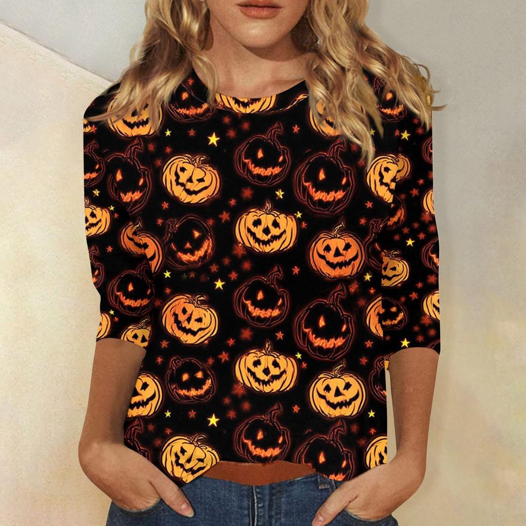 Women's Fashion Casual Three-quarter Sleeve Halloween Printed Round Neck Top