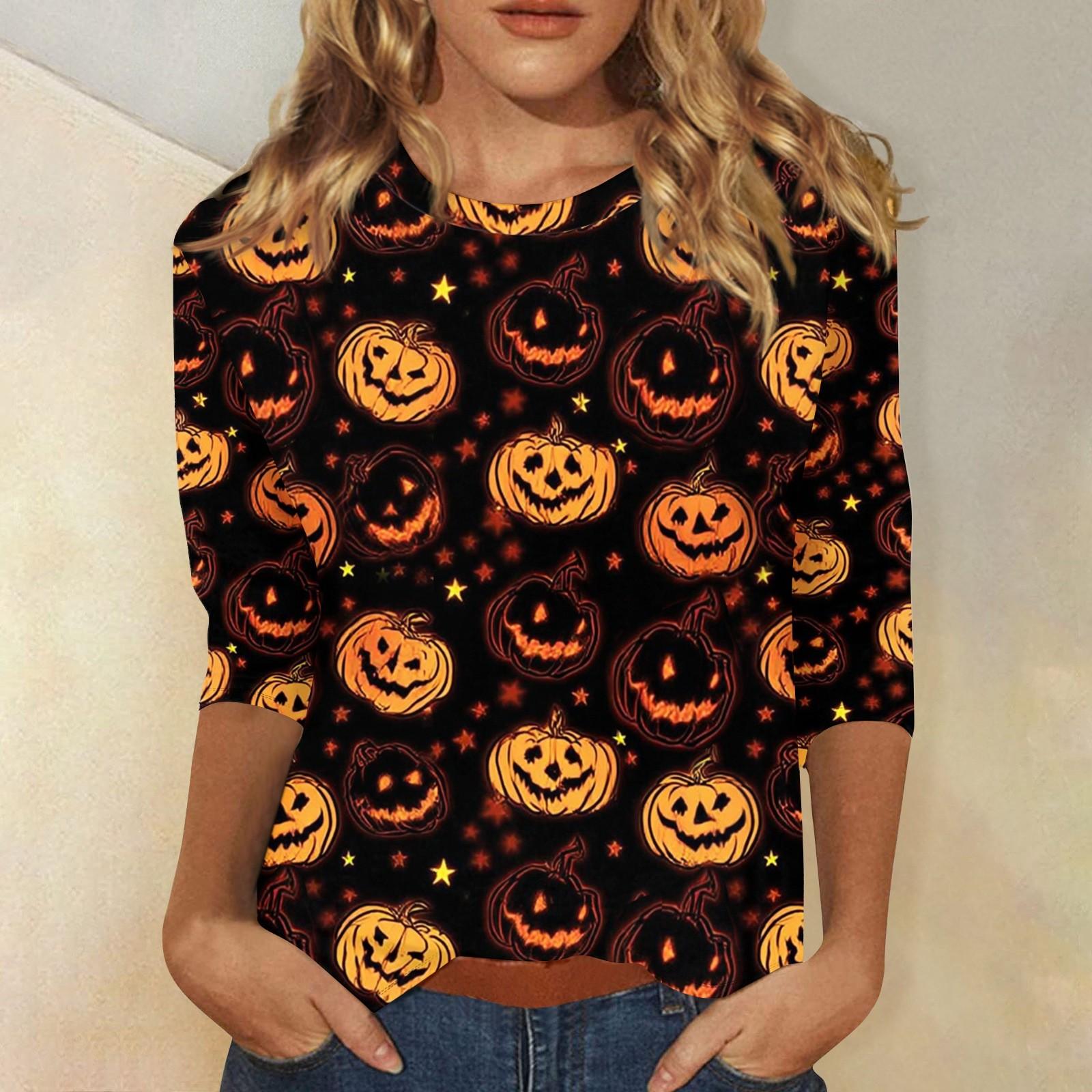 

Женская модная повседневная футболка с рукавом три четверти и принтом на Хэллоуин, с круглым вырезом L