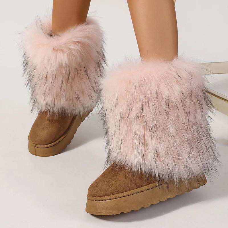 Winter women faux fur snow boots warm short plush lining fluffy fashion furry shoes woman platform suede leather ankle boots