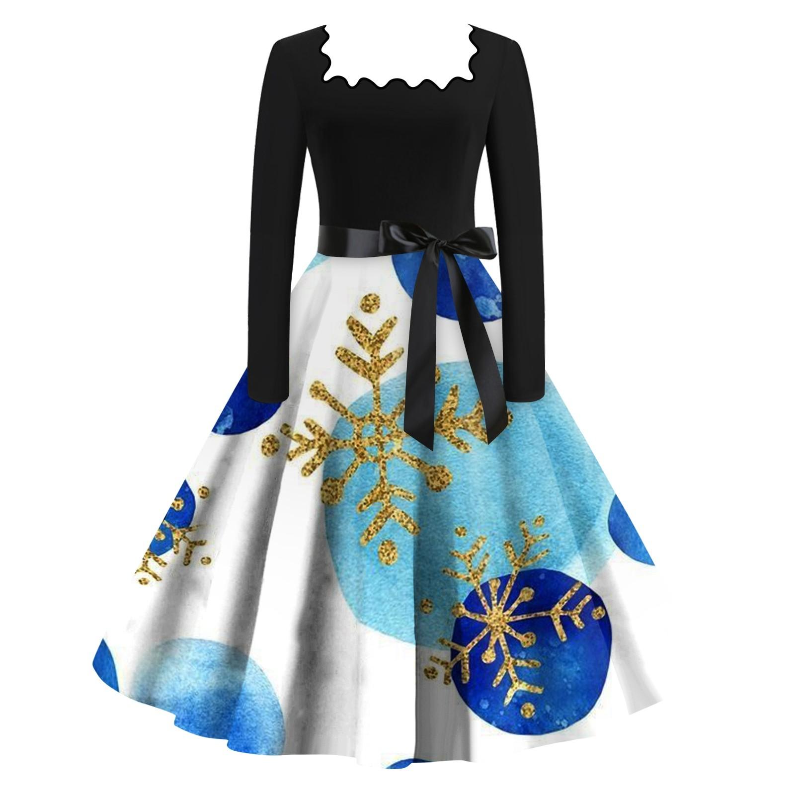 

Женские повседневные модные платья с длинными рукавами и рождественским принтом с квадратным вырезом в винтажном стиле L