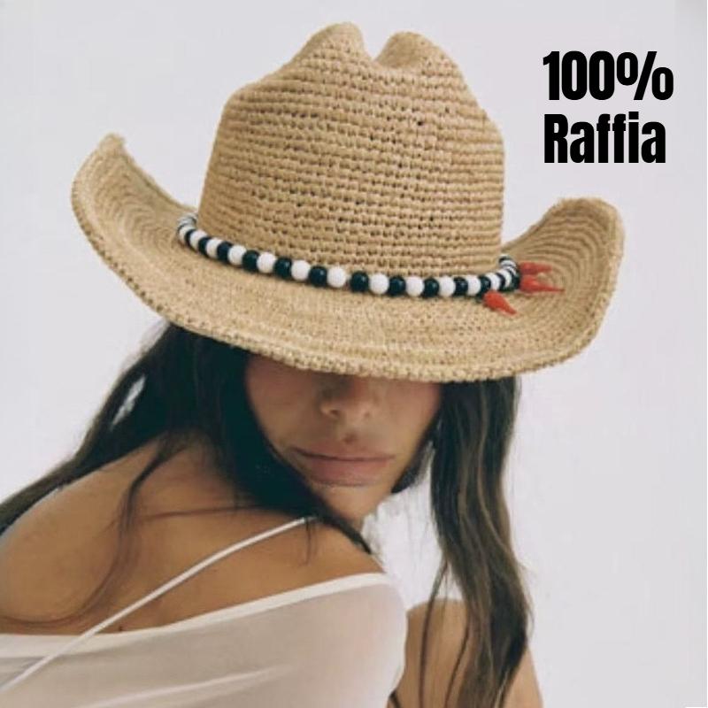 Yiran Dayang Hat Women's New Boho Style High-End 100% Raffia Sun Hat With Beaded Chain Handmade Wide Brim Summer Cowboy-Inspired Beach Straw Hat 59Cm