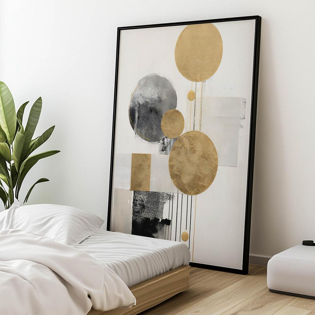 Eleganz der Kontraste: Gold und Schwarz in Abstraktion Eleganz der Kontraste: Gold und Schwarz in Abstraktion, 70x100 cm, Holzrahmen Helle Eiche, Mattes Papier