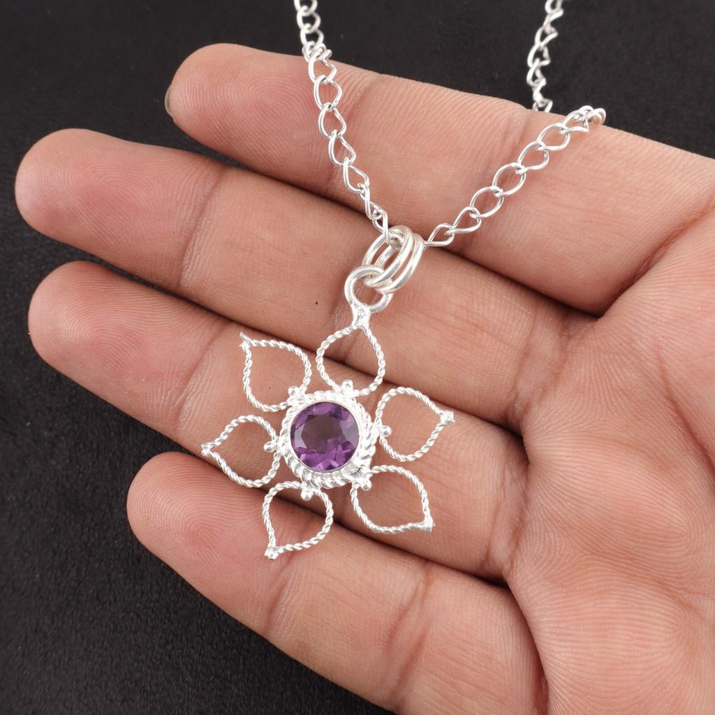 Round Natural African Amethyst 925 Sterling Silver New Wife Gift Pendant Jewelry PP-18-4