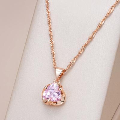 Romantic Pink Natural Zircon Necklace For Women  Rose Gold Luxury Couple Gift Simple Pendant Daily Fine Jewelry