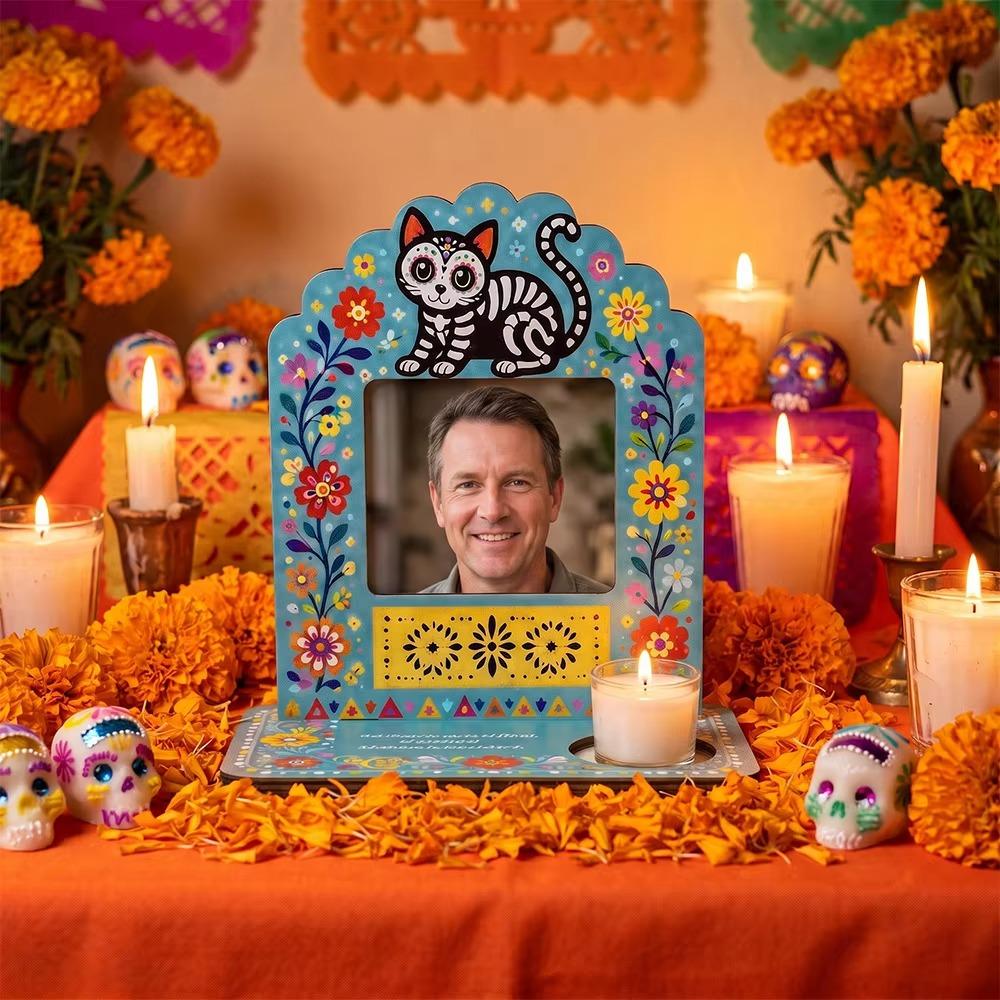 Wooden Halloween Photo Frame Skull Marigold Pattern Desktop Photo Display Rack Haunted House