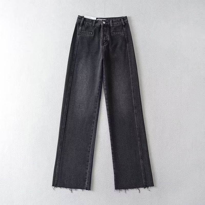 

Fashion Style Spring and Summer Patchwork Raw Hem High Waist Denim Trousers Dark gray S