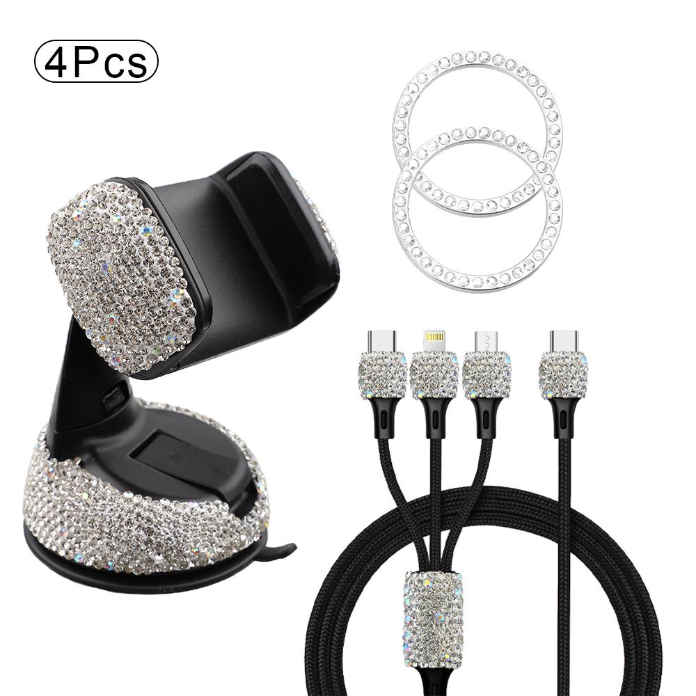 

4 шт. набор женских автомобильных аксессуаров держатель для мобильного телефона с бриллиантами и кристаллами автомобильный кабель для зарядки 3 в 1 1 пара наклеек для запуска одной кнопкой белый