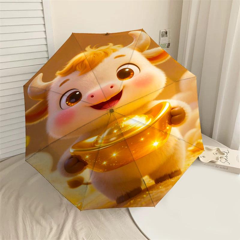 

1pc Golden Ox Holding Treasure Automatic Open/Close Umbrella Compact Folding Umbrella with 8-Rib Shaft for Women/Men, Elegant Birthday1284S