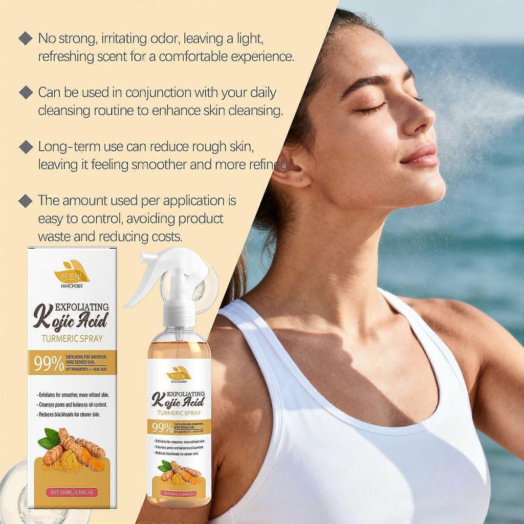Exfoliating Kojic Acid Turmeric Spray with Lactic & Salicylic Acid - Gentle Dead Skin Removal, Deep Pore Cleansing & Skin Texture Improvement - 100ml 