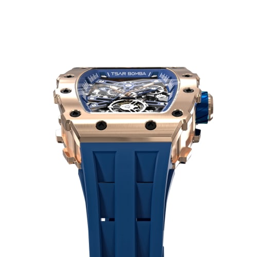 TSAR BOMBA Men's Skeleton Automatic Mechanical Watch with Analog Skeleton Movement, 5 ATM Water Resistance, Silicone Strap, Large Barrel Dial, Steel C