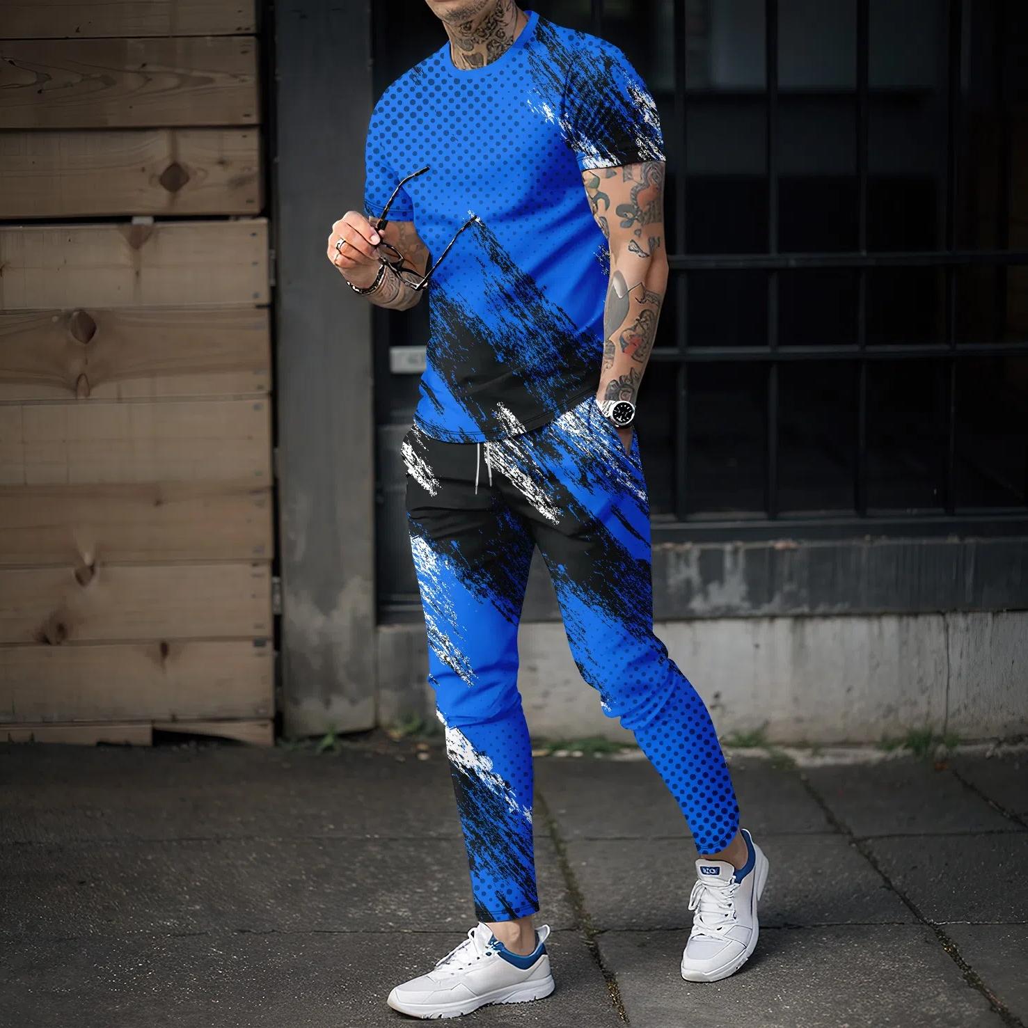 

Мужские длинные брюки, спортивная одежда, комплект из 2 предметов, футболка с короткими рукавами и 3D-градиентом + длинные брюки, повседневная уличная одежда для велоспорта, фитнеса и бега 4XL