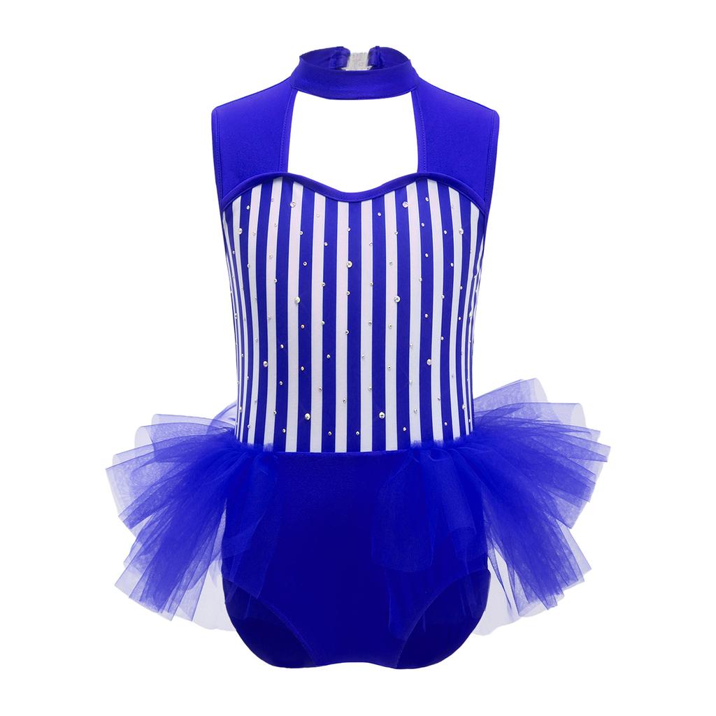 Girls Ringmaster Bodysuit Striped Jumpsuit Rhinestone Details Sleeveless Cutout Waist Mesh Ruffle Performance Costume