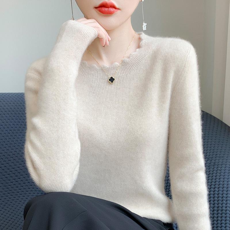 Fashion Lace Crew Neck Bottom Shirt Women's Autumn and Winter New Skinny Inner Long Sleeve Knitted Sweater Pullover Top