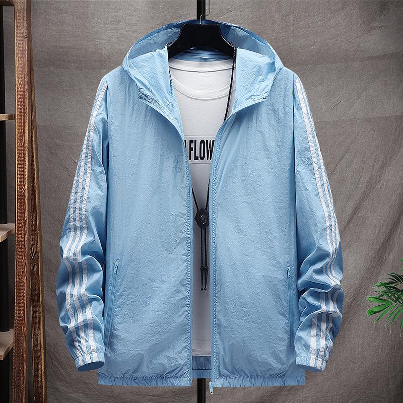 

Summer Sunwear Men s Thin Breathable Ice Silk Outdoor Cycling Hooded Skinsuit Fishing Sunwear Striped Jacket 4XL небо синє кольору