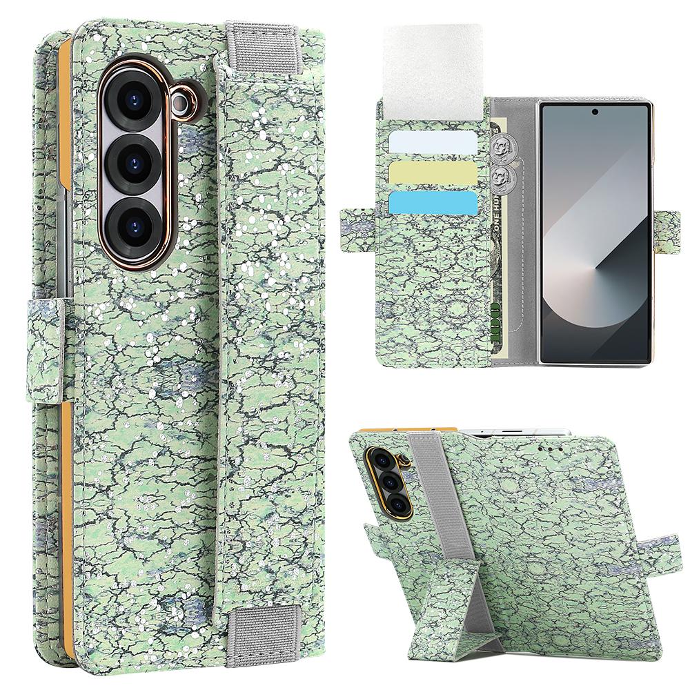 

For Samsung Galaxy Z Fold6 5G Wallet Case RFID Blocking PU+PC+Tempered Glass Phone Cover with Wrist Strap Green
