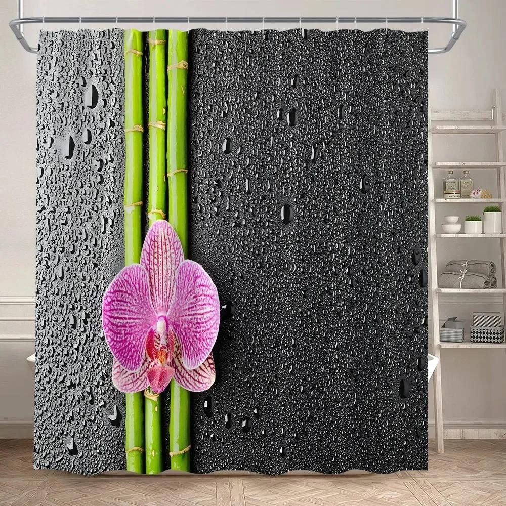 Zen Green Bamboo Shower Curtains Purple Orchid Butterfly Flowers Plants Black Stone Spa Nature Scenery Fabric Bathroom Decor Set