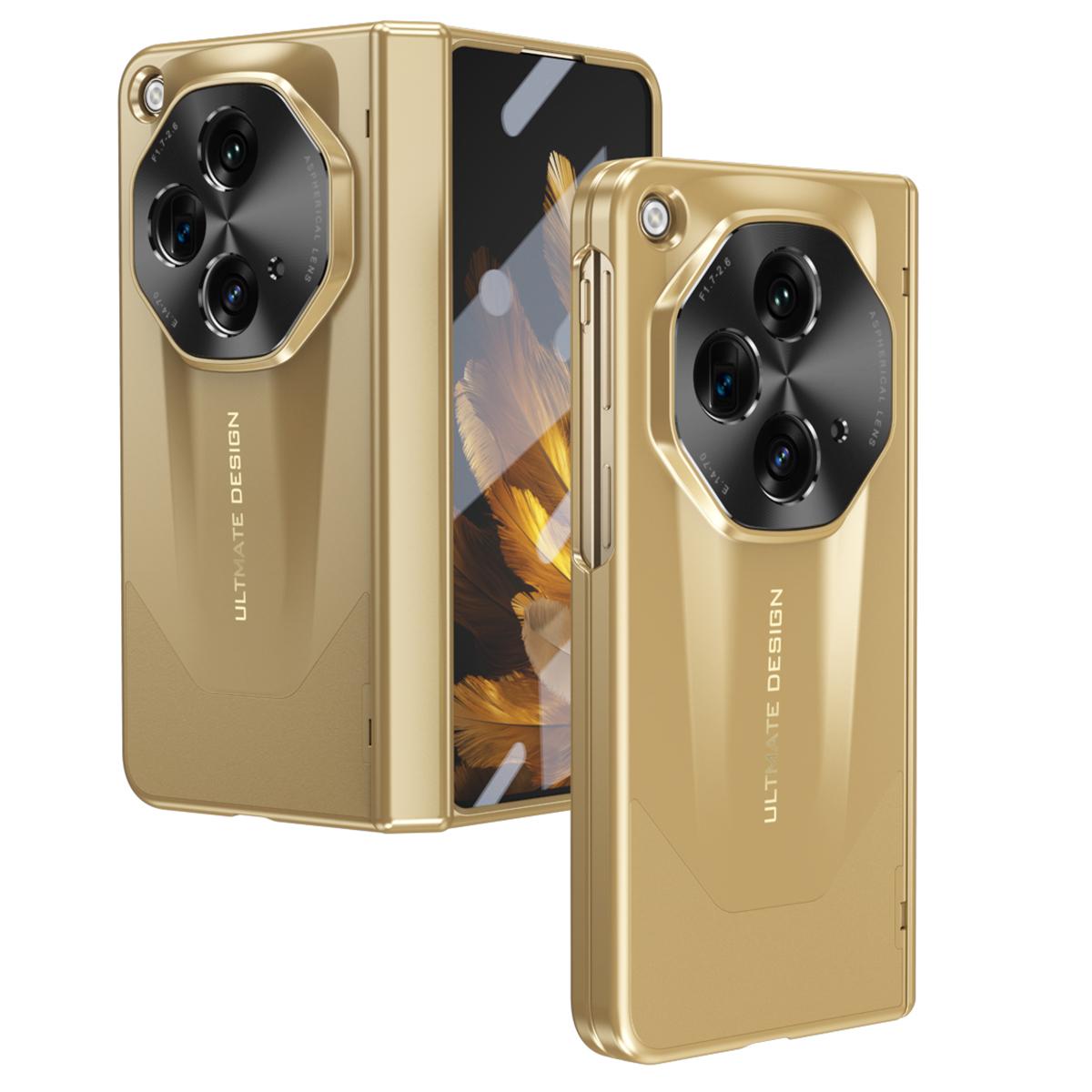 

For Oppo Find N3 5G Folding Phone Case Hinge Protection PC Cover with Tempered Glass Film Gold