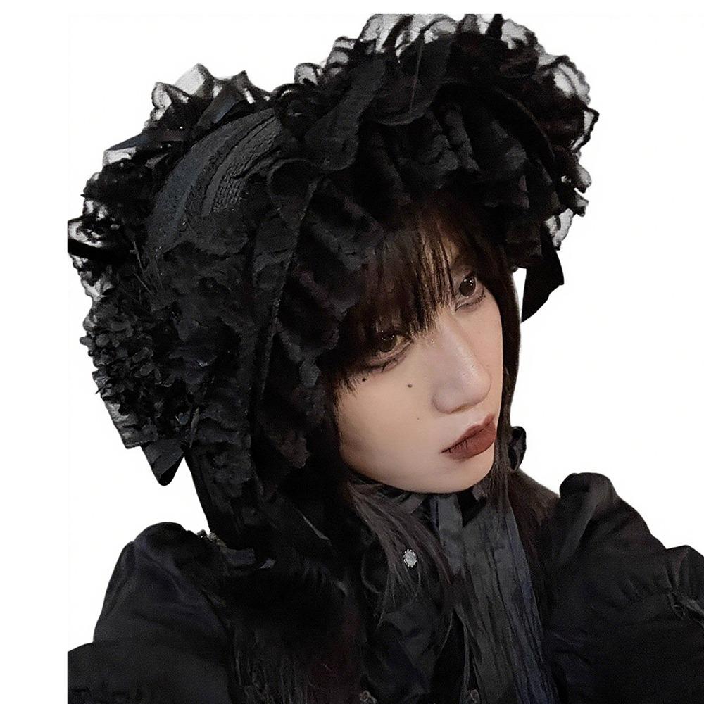 Handmade Vintage Victorian Gothic Tea Party Lace Straw Hat Lolita Girls Flowers Bonnet with Ruffles Halloween Black Headdress