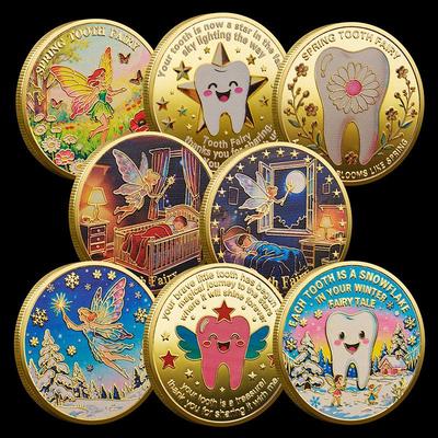 4 piezas Diente de Hada resorte, verano, otoño e invierno regalo conmemorativo personalizado cambio de diente moneda conmemorativa de la suerte pintada por ambos lados