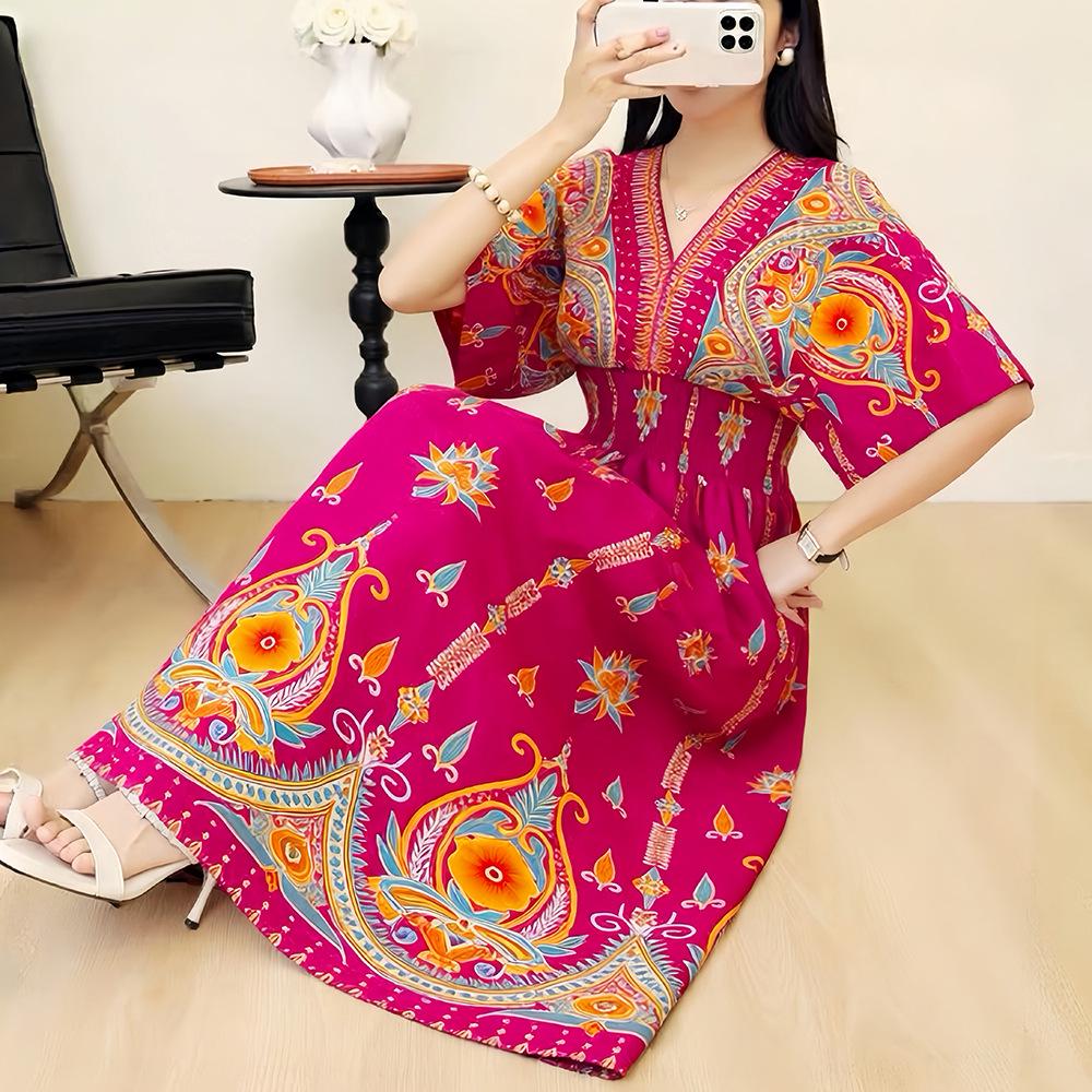 26-Year Floral V-Neck Cotton Silk Batwing Sleeve Beach Dress - Thailand Travel & Vacation Skirt Style