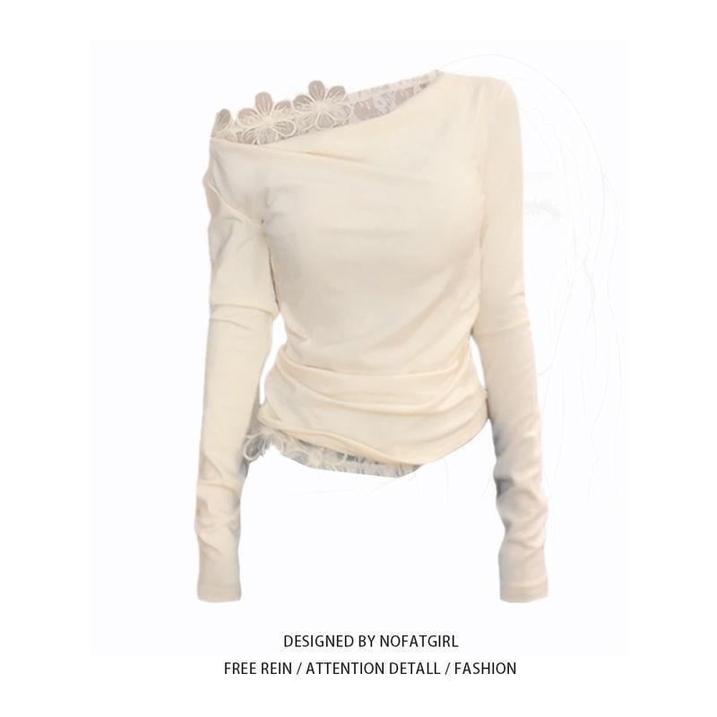 

Plus Size Chubby Girl Heartbeat Mark Spring Niche Style Gentle and Pure Desire Stitching Lace Fashionable T-shirt Female Slim Looking Tops Tops M