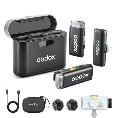 Godox WES1 Kit2 Wireless Microphone for Wireless Microphone with 200m Transmission Noise Charging Case for Vlogging and TikTok iPhone/Lightning,