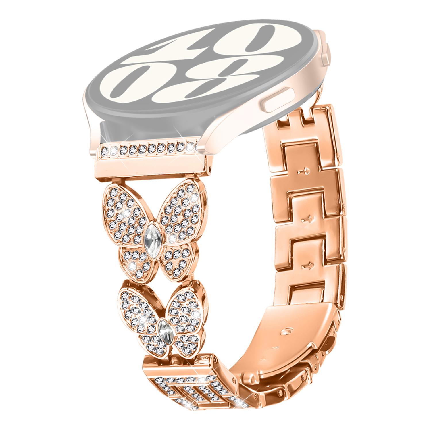 

For Garmin Venu 2 Metal Band Butterfly Rhinestones Decor Watch Strap Rose Gold