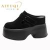 Women's Sippers  Spring High-heel Platform Retro Women's Loafers Casual Square Toe Genuine Leather Mules for Ladies