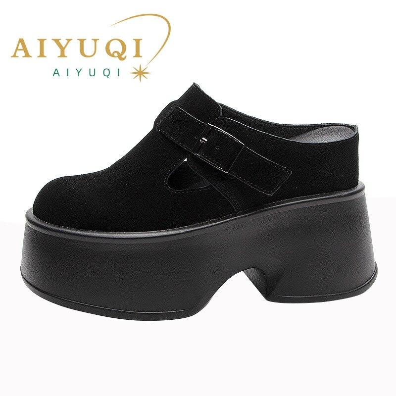 Women's Sippers  Spring High-heel Platform Retro Women's Loafers Casual Square Toe Genuine Leather Mules for Ladies
