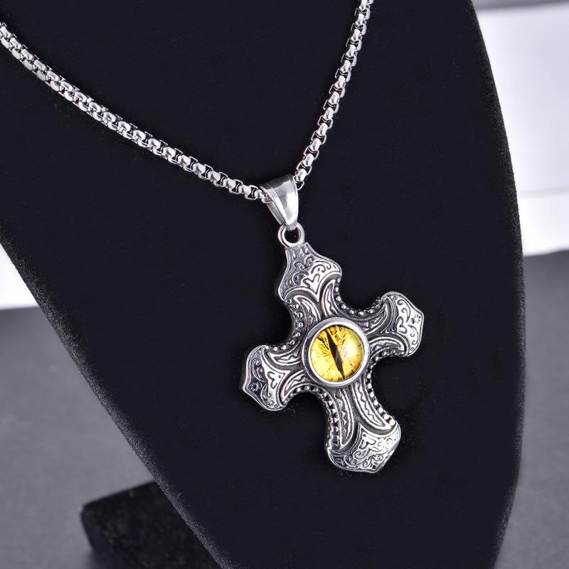 Silver Color Set Zircon Carved Male and Female Personality Cross Necklace
