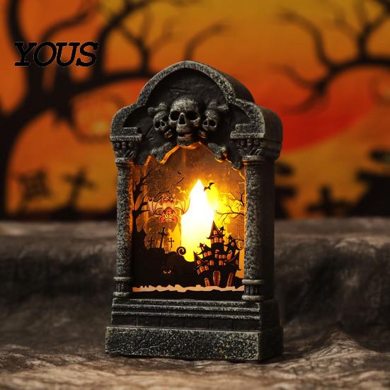 Table Bookshelf Decoration Tombstone Candle Lantern, LED Lighted Spooky Graveyard Lamp, Halloween Haunted House Props Small Night Light for