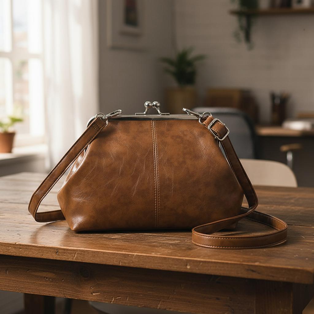 Women Girls PU Leather Large Capacity Shoulder Bag Adjustable Strap One Shoulder Crossbody Bag Elegant Kiss Lock Shoulder Bag