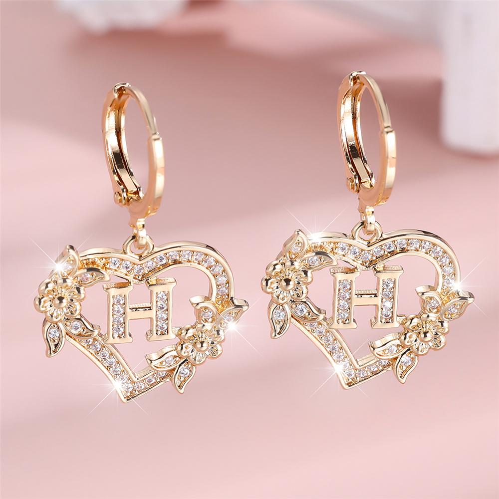 Vintage Hollow Love Heart Flower A-Z 26 Letters Hoop Earrings Yellow Gold Color White Zircon Earring Wedding Jewelry For Women