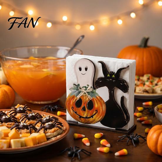 Festive Desktop Storage Ornament Halloween Ghost Wooden Napkin Holder, Cute Paper Towel Decorative Cartoon Tray Stand, Freestanding Tissue Dispenser