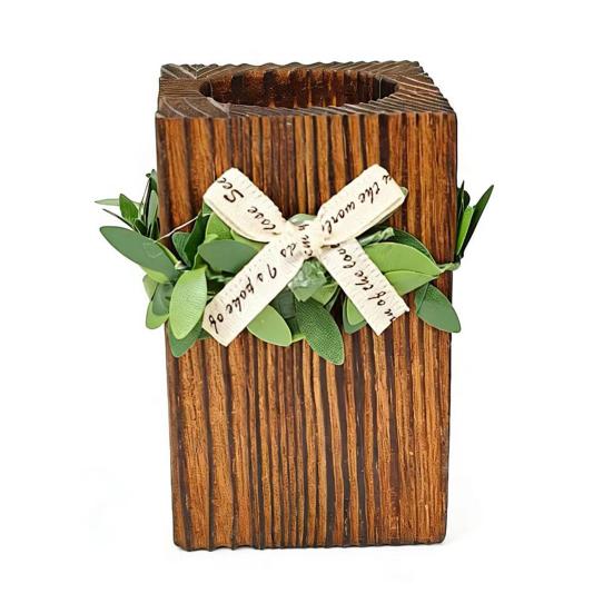 Wooden Tealight Candle Holder Rustic Wood Pillar Candle Stand with Bow Vintage Table Centerpiece for Fireplace Living Dining Room
