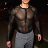 Men O-neck Long Sleeve Hotfix Rhinestone Mesh Sheer Fitted Party T-shirts