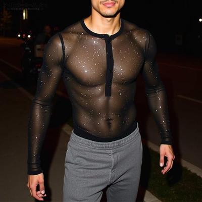 Herren Rundhals Langarm Hotfix Strass Mesh Transparent Figurbetont Party T-Shirts