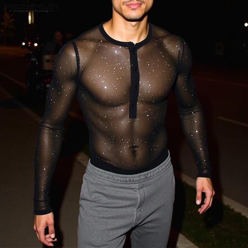 INCERUN Herren Rundhals Langarm Hotfix Strass Mesh Transparent Figurbetont Party T-Shirts