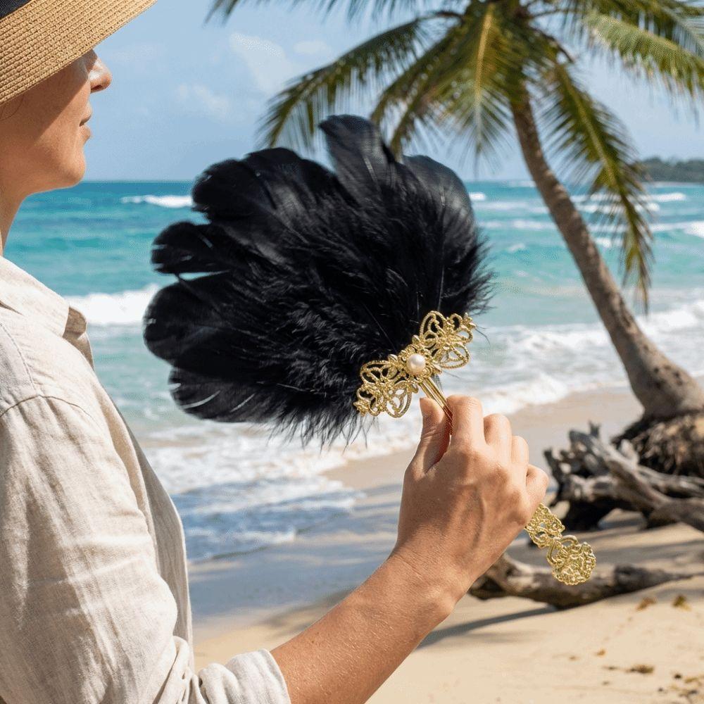Decorative Gold Handle Feather Hand Fan Colorful Vintage Ornate Handheld Fan Faux Pearl Chinese Style Dance Fan Cosplay