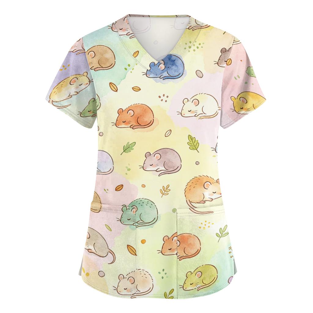 Top da Lavoro da Donna con Scollo a V e Maniche Corte con Tasche, Stampa Animalier, Camice Medico per Professionisti Sanitari, Uniforme da Infermiere