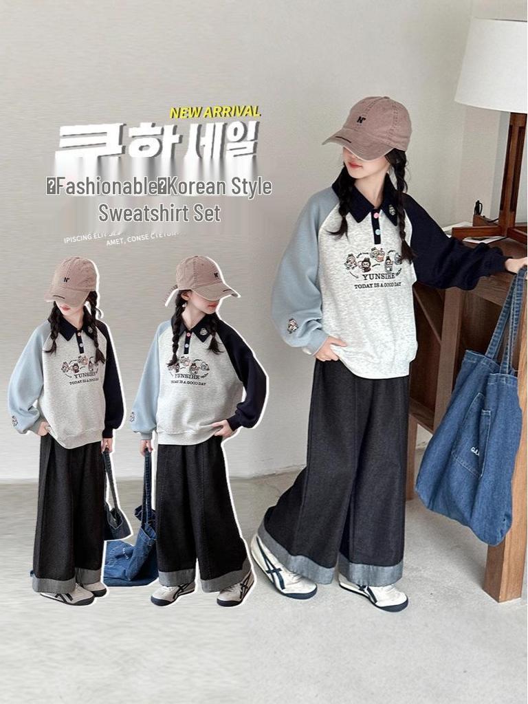 Mädchen 2025 Herbst Polokragen Raglanärmel Sweatshirt - Stilvolles Herbstoberteil für mittlere und große Kinder