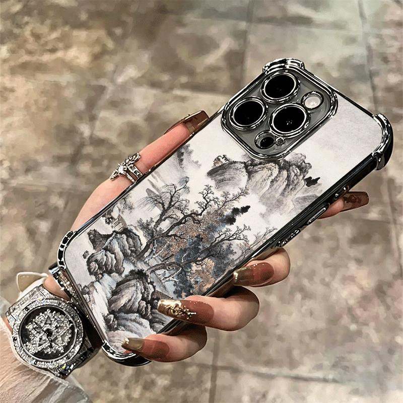 Chinese Style Ink Painting Art Soft Phone Case For iPhone 15 16 17 Air 14 Pro Max 16E Plus 13 12 Mini Plating Anti-Fall Fundas