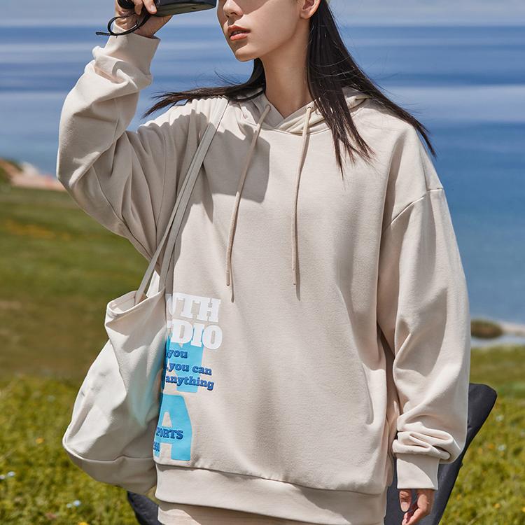 Anta Life Series Ss22 Solid Color Letter Print Hooded Sweatshirt Unisex Sweatshirt Beige 952238703-2