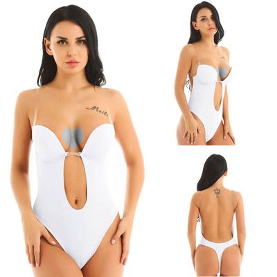 Woman Deep V Bodysuit Clear Strap Backless Plunge Thong Push Up Padded Bra Body Shaper Suit