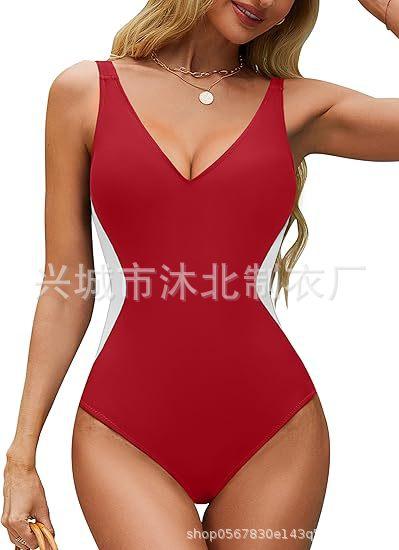 New straps, tight-fitting women's one-piece slim-fitting belly women's deep V-neck color matching back lace-up swimsuit
