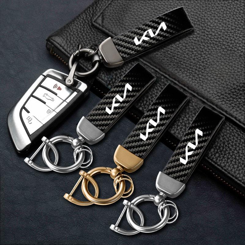 YBVX3 Carbon Leather Luxury Car Logo Keychain Zinc Alloy Emblem Keyring For KIA EV6 Stinger RIO Sorento Picanto Ceed Borrego Syros K4