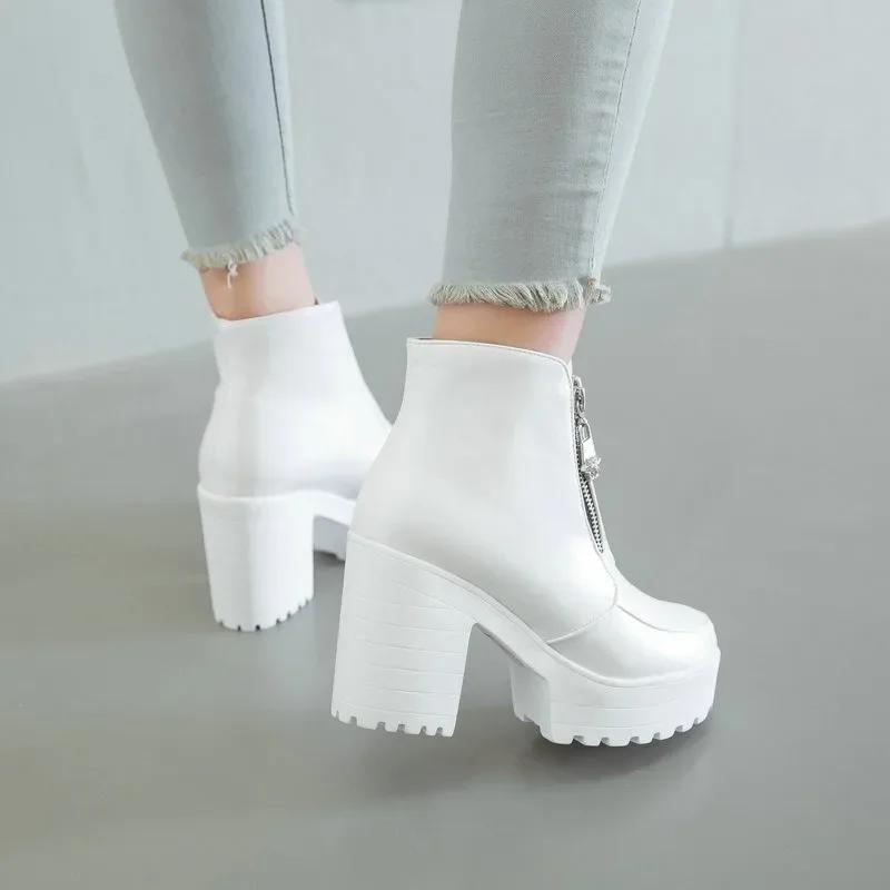Black White Platform Ankle Boots For Women High Heels Boots Ladies Zip Autumn Winter Booties Woman Boots Shoes Ladies Shoes